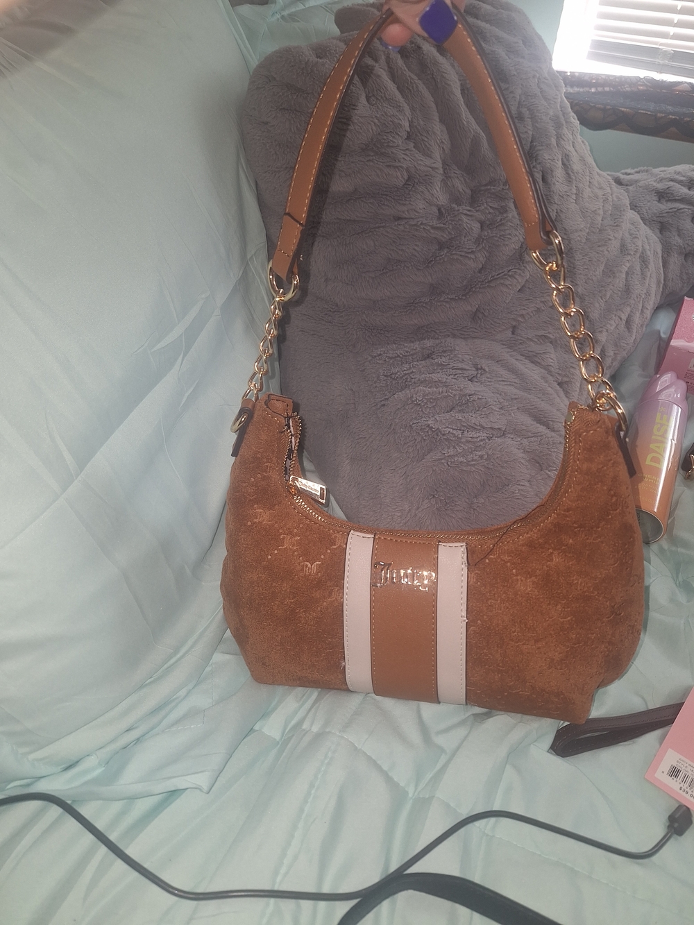 Juicy Couture Brown Suede Shoulder Bag with Cream Trim